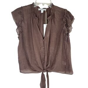C By One linen blend semi sheer tie front button up top, brown, size L, NWT